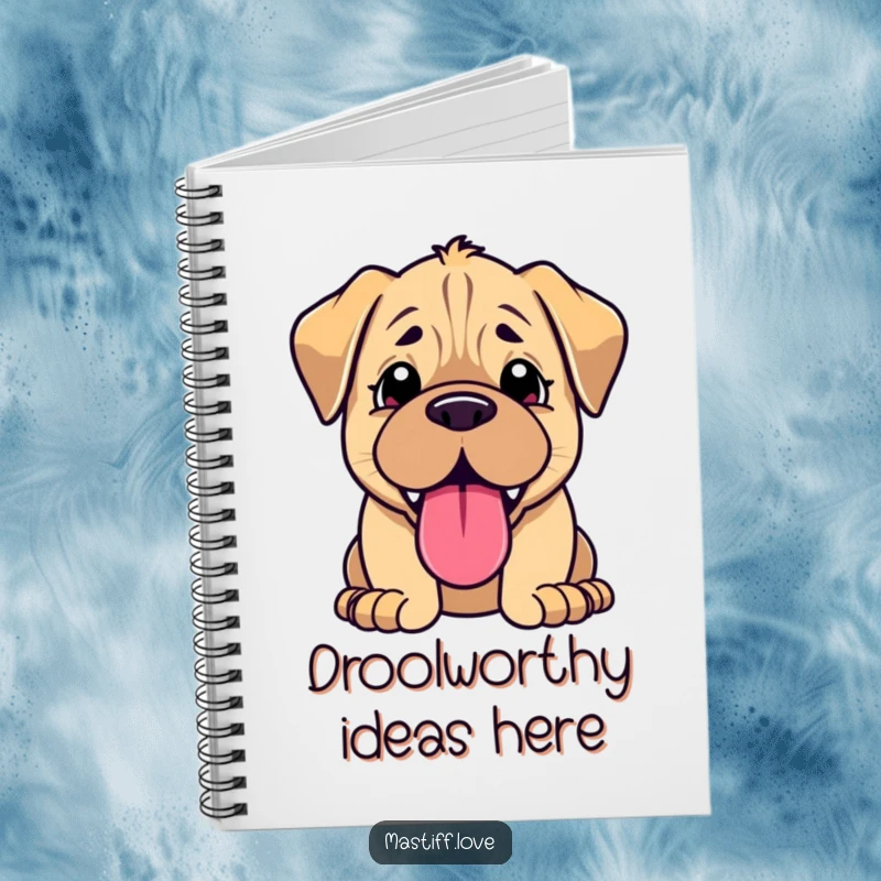 Funny kawaii mastiff notebook, featuring a cute panting puppy with a massive tongue, perfect for journaling.