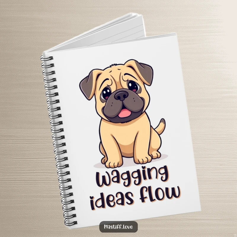 Funny kawaii mastiff notebook, featuring a cute dog with floppy ears and a wagging tail, perfect for journaling.