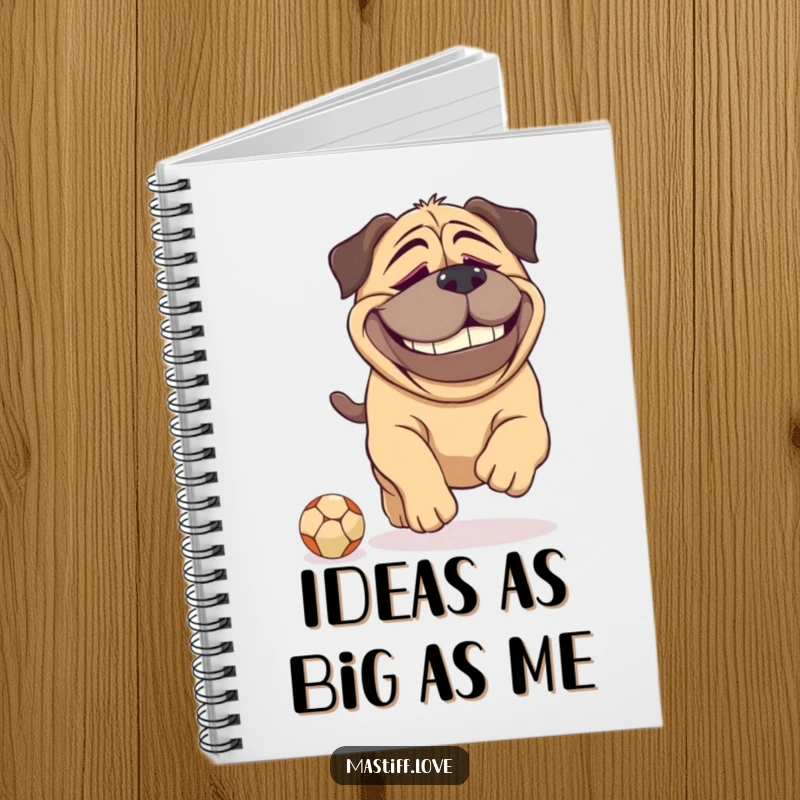 Funny Mastiff notebook featuring a dopey dog grin, playfully chasing a tiny ball, perfect for jotting down notes with humor.
