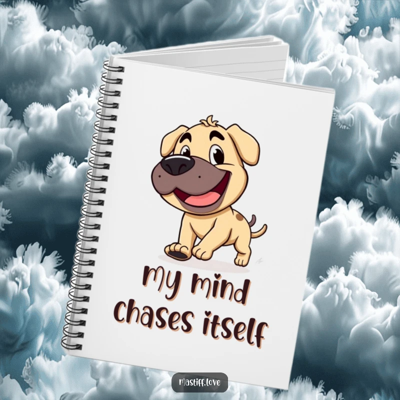 Funny mastiff with a wide, goofy grin, chasing its stubby tail, on a notebook cover for silly note-taking.