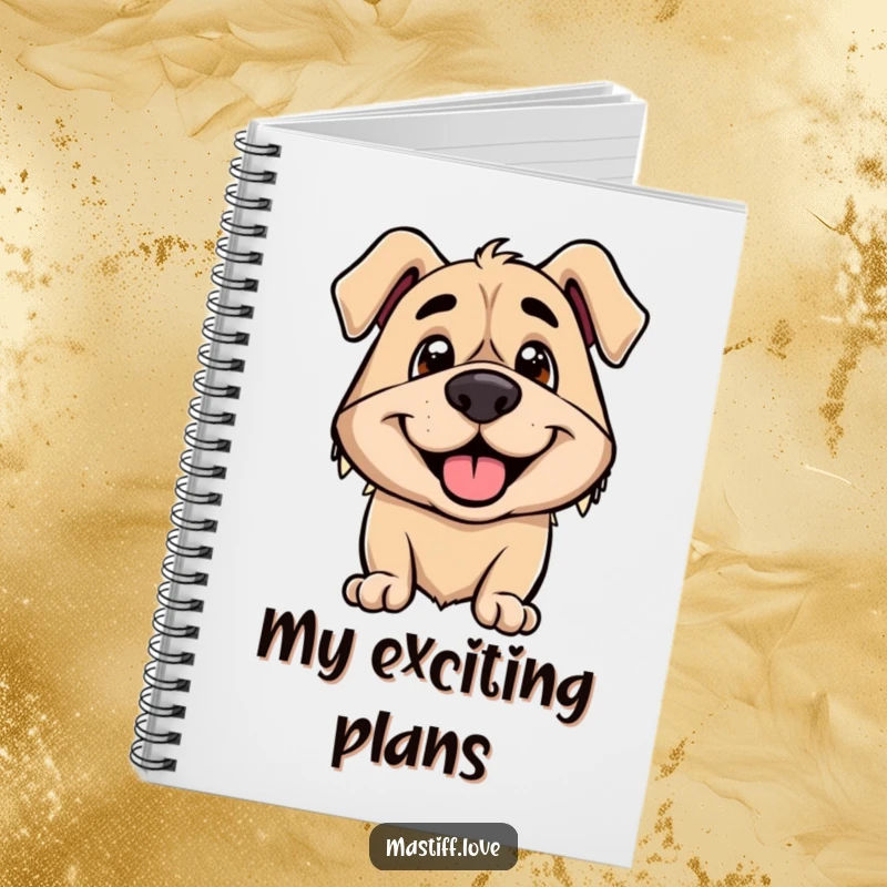 Funny notebook cover featuring a smiling mastiff with its ears perked up high, showing pure excitement.
