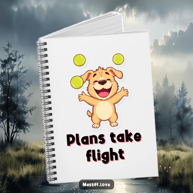 Funny notebook featuring a happy mastiff character juggling three tennis balls with a joyful, focused expression.