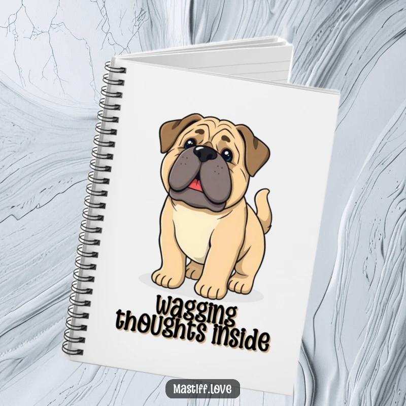 Funny mastiff puppy with droopy ears and a wagging tail, featured on a notebook cover for stylish note-taking.