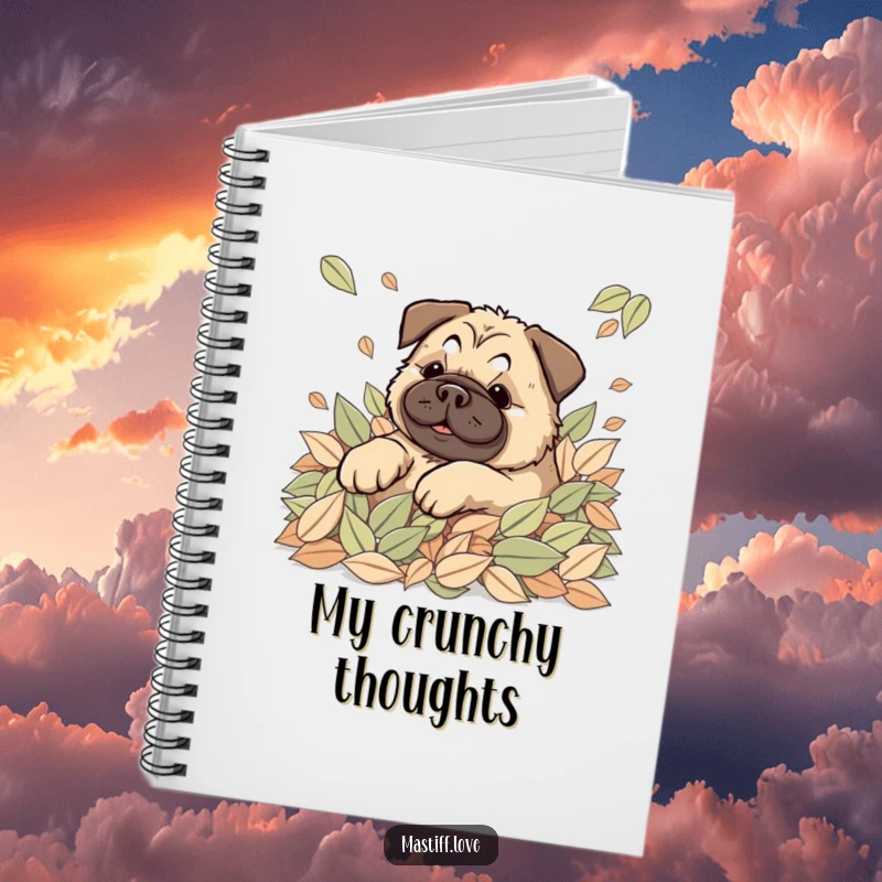 Happy Kawaii Mastiff Notebook with a cute dog joyfully rolling in leaves, perfect for jotting down fall memories.