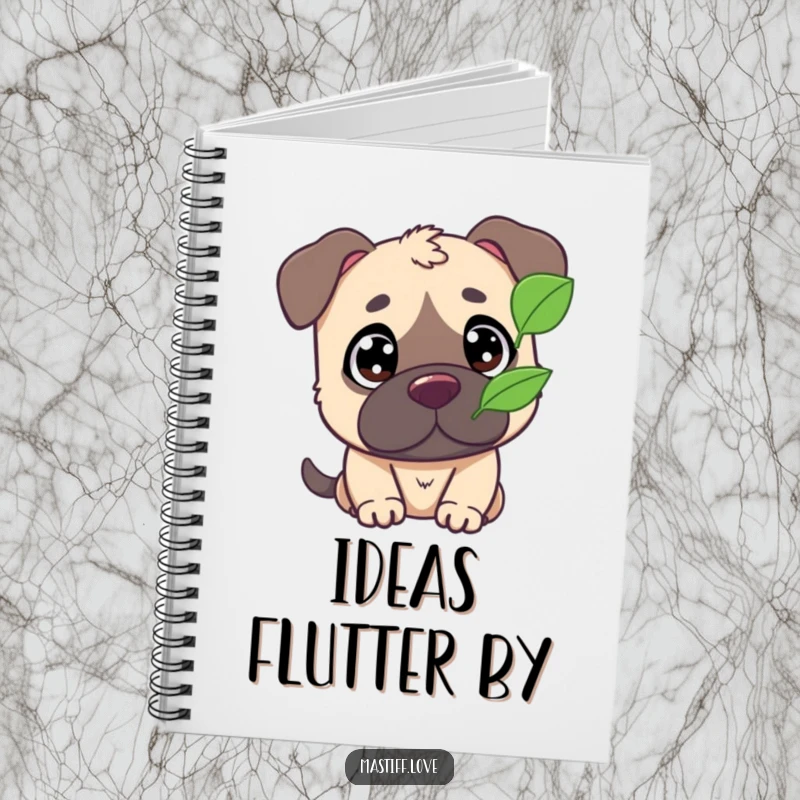 Funny notebook featuring a cute mastiff character with wide eyes, focused on a single fluttering leaf, perfect for journaling.