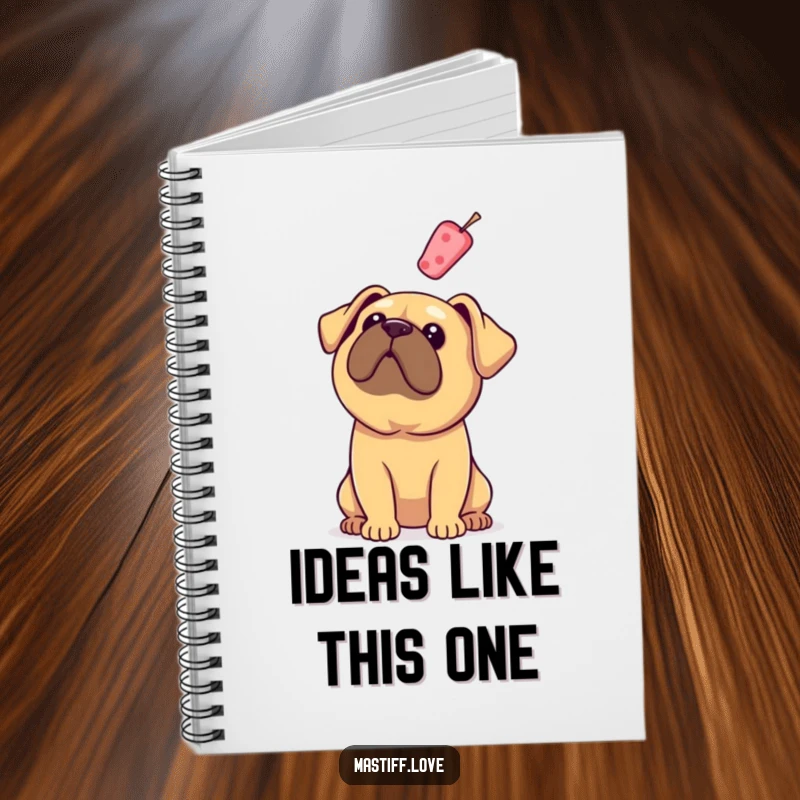 Funny Mastiff Notebook: A dog with floppy ears looks up at a floating treat, ideal for jotting down tasty ideas.