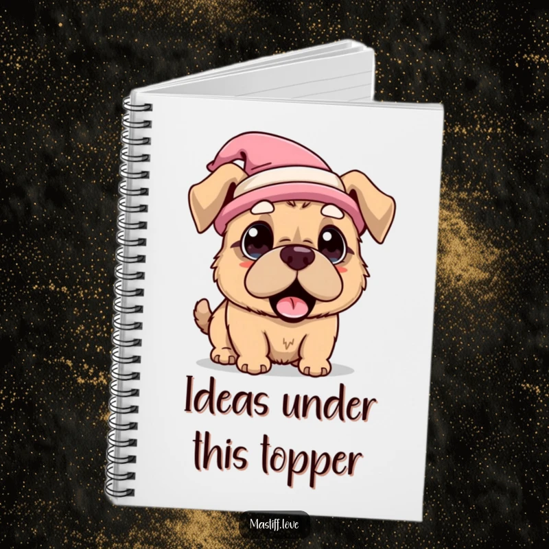 Funny Notebook cover showing a kawaii mastiff dog wearing a funny hat and looking comically surprised, ready for your notes.