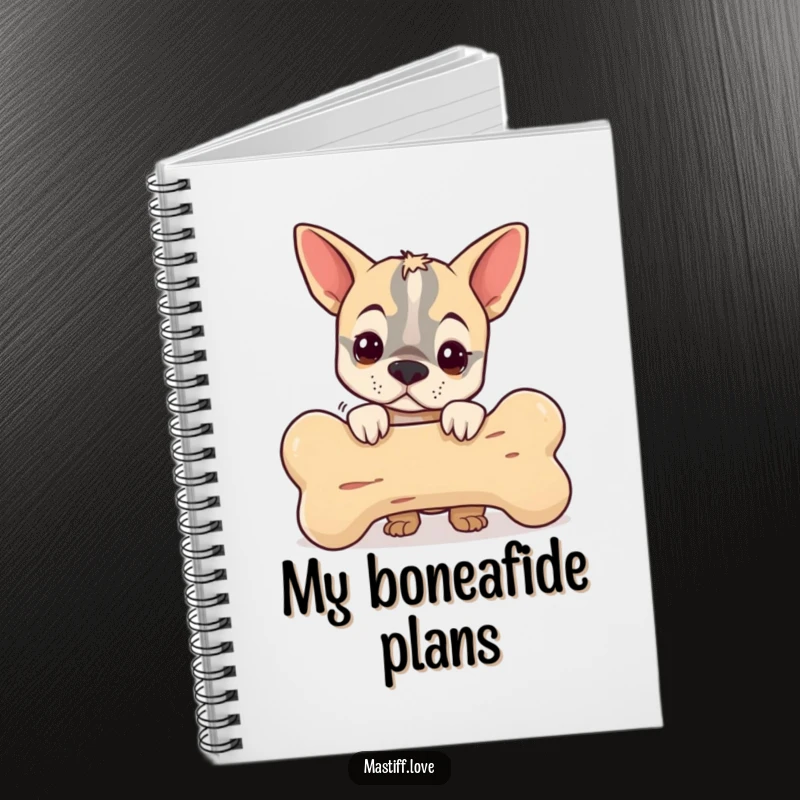 Funny notebook with a small mastiff peeking from behind a giant bone, ideal for jotting down notes with playful humor.