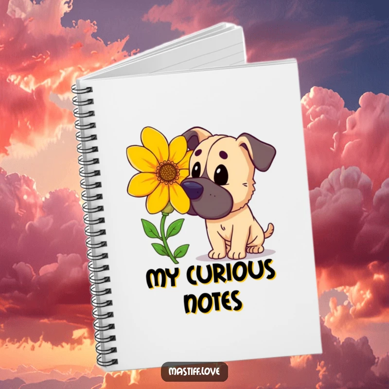 Funny curious mastiff, sniffing a large, brightly colored flower, a fun notebook for nature ideas, perfect funny gift.