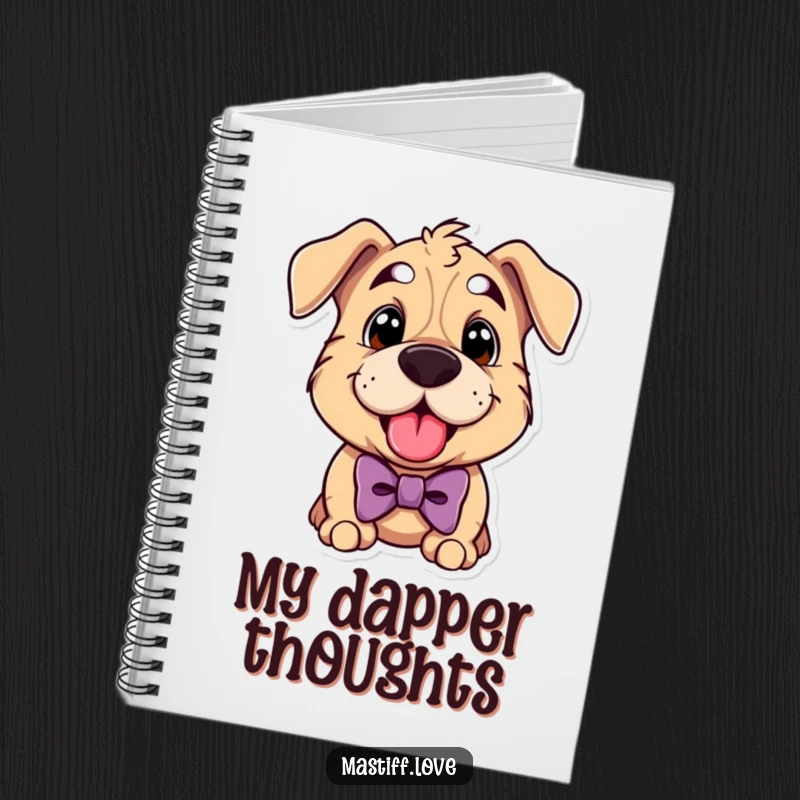 Funny mastiff notebook featuring a cute dog wearing a bowtie and panting happily, perfect for stylish journaling.