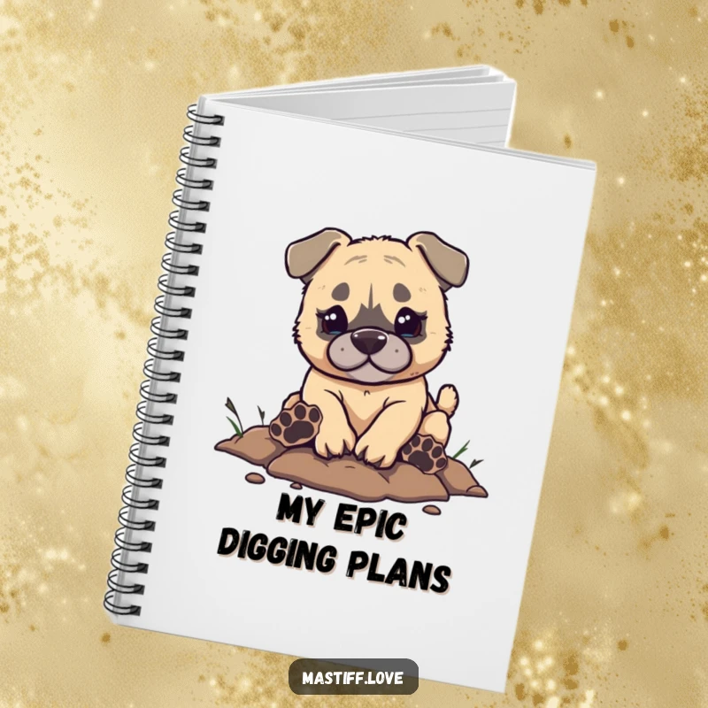 Funny Mastiff Notebook cover featuring a small mastiff puppy digging with comically large paw prints, inspiring fun and creativity.