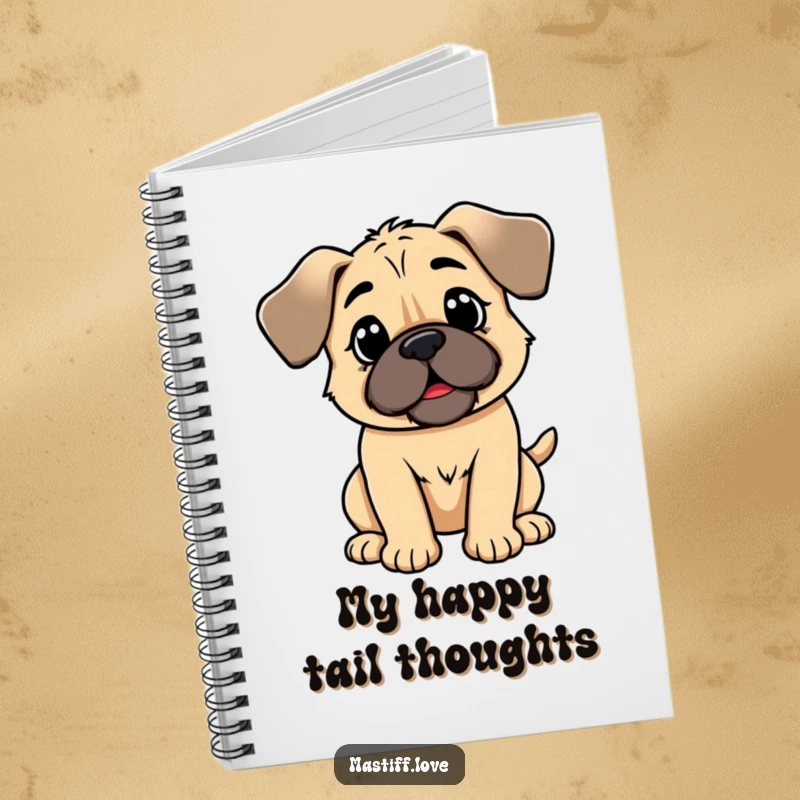 Funny kawaii mastiff notebook, a cute dog with floppy ears wagging its tail, perfect for writing down happy thoughts.