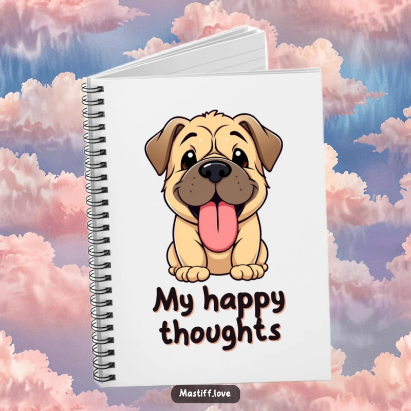 Funny notebook cover depicting a kawaii Mastiff puppy panting with a large, happy, oversized tongue.