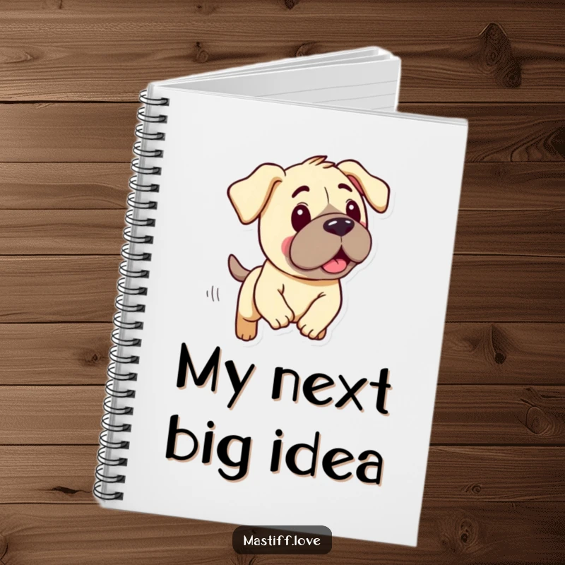 Funny notebook featuring a kawaii mastiff with droopy ears, engaged in a comical, silly chase, perfect for journaling.