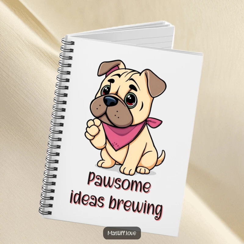 Funny kawaii mastiff notebook, featuring a cute dog in a bandana offering its paw, perfect for journaling.