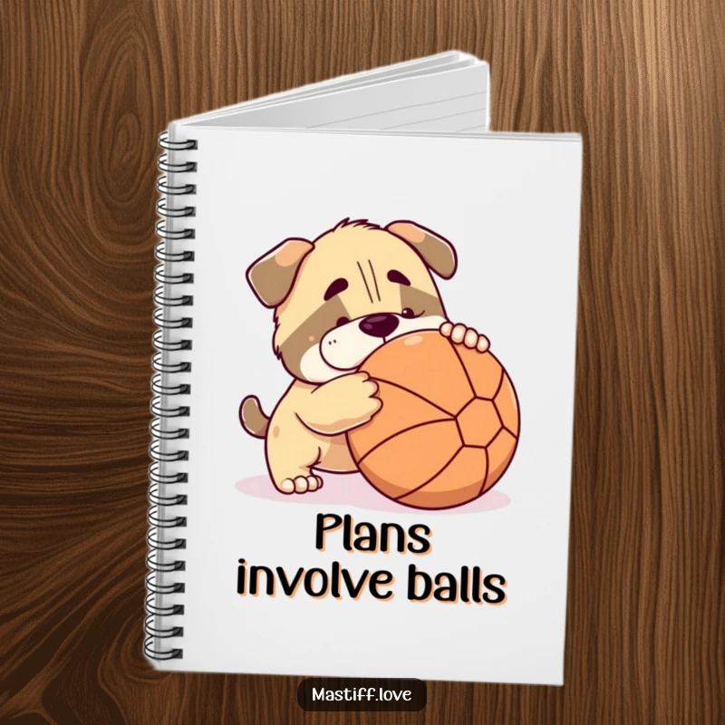 Funny mastiff notebook featuring a cute dog playfully nudging a large ball, perfect for journaling and notes.