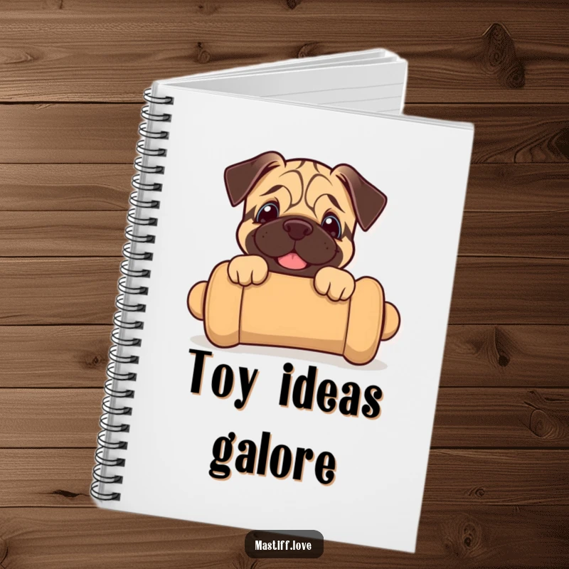 Funny mastiff puppy notebook featuring a joyful puppy peeking from a large chew toy, perfect for journaling.