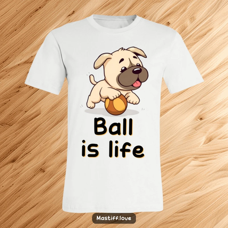 Funny cute mastiff puppy, energetically chasing a rolling ball, cartoonish playfulness, ideal funny t-shirt gift.