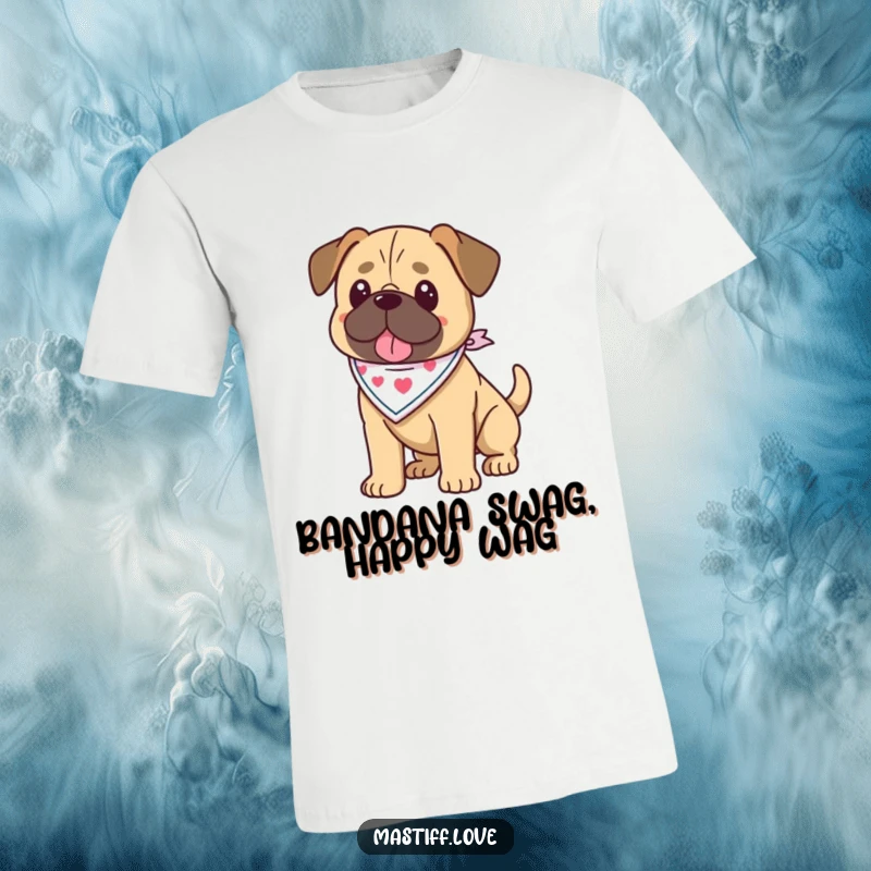 Funny kawaii mastiff t-shirt featuring a cute mastiff sporting a stylish bandana and wagging its tail, showcasing pure delight and charm.