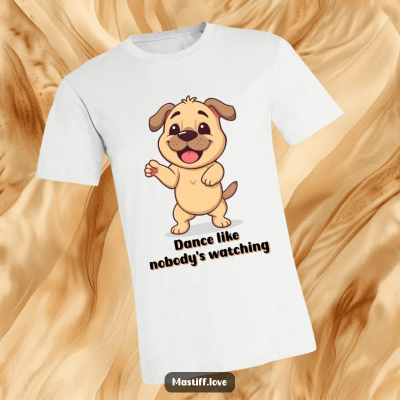 Funny t-shirt with a happy mastiff performing a silly, wiggling dance, showcasing pure joy and humor for a great gift.