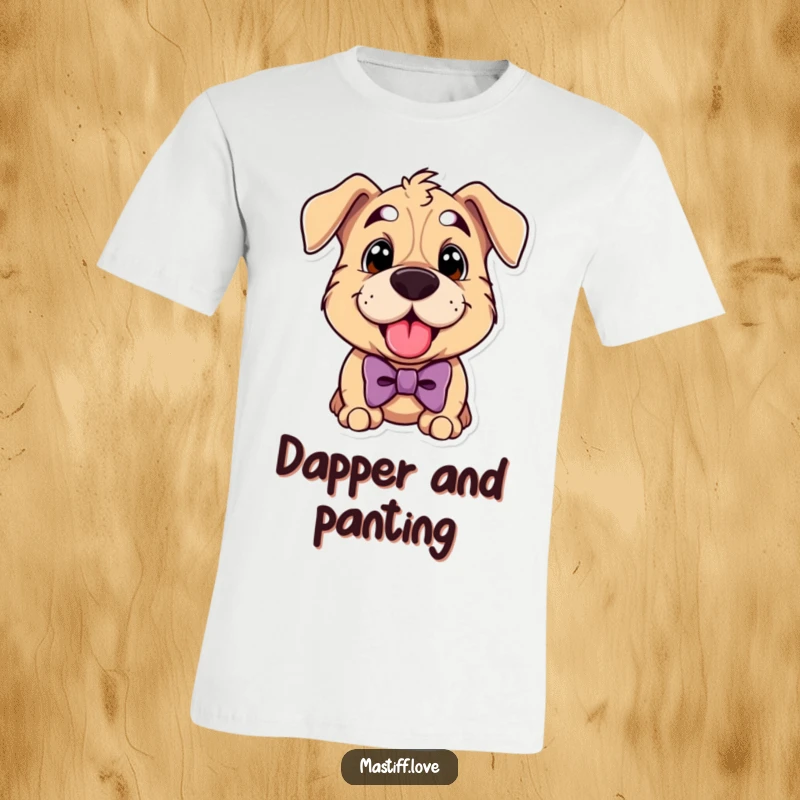 Funny mastiff t-shirt with a cute dog wearing a bowtie and panting happily, showcasing playful style.