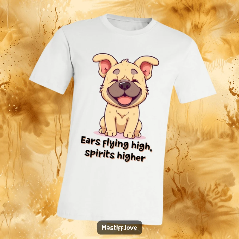 Funny kawaii mastiff t-shirt featuring a cute mastiff energetically shaking its head, its large, floppy ears flying wildly, conveying pure joy.