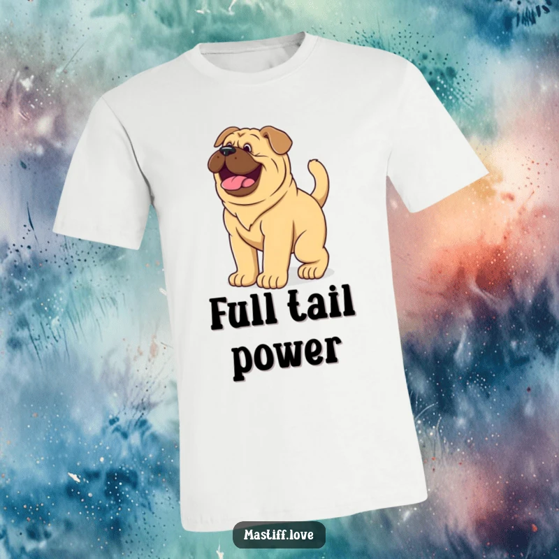 Funny T-Shirt depicting a giant mastiff puppy with its tail wagging vigorously, radiating pure, happy energy.