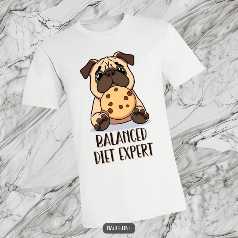 Funny kawaii mastiff t-shirt, a cute dog hilariously attempting to balance a giant cookie on its nose.