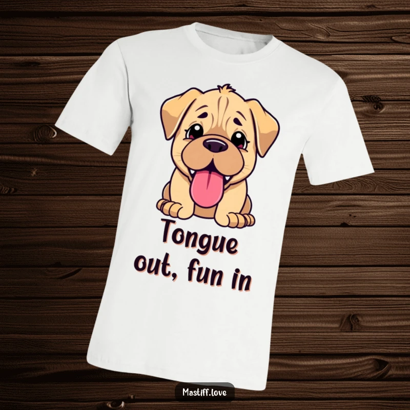 Funny kawaii mastiff puppy t-shirt, happily panting with a comically large tongue sticking out, radiating joy.