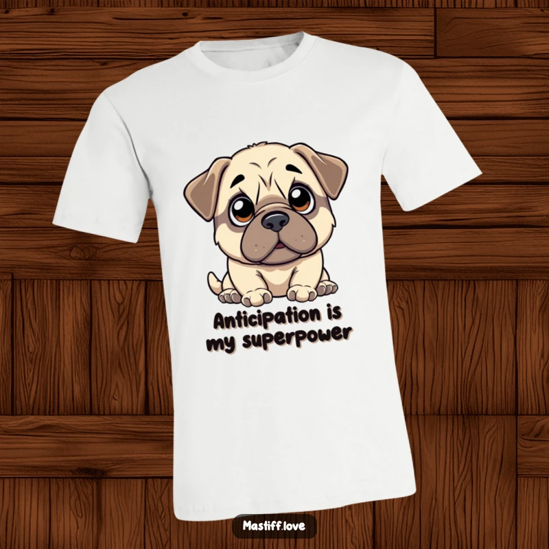 Funny kawaii mastiff t-shirt featuring a cute mastiff with large, innocent eyes staring upwards with eager anticipation, showcasing pure charm.