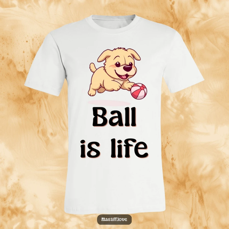 Funny mastiff t-shirt illustrating a playful dog in hot pursuit of a comically small bouncy ball, highlighting energy and humor.