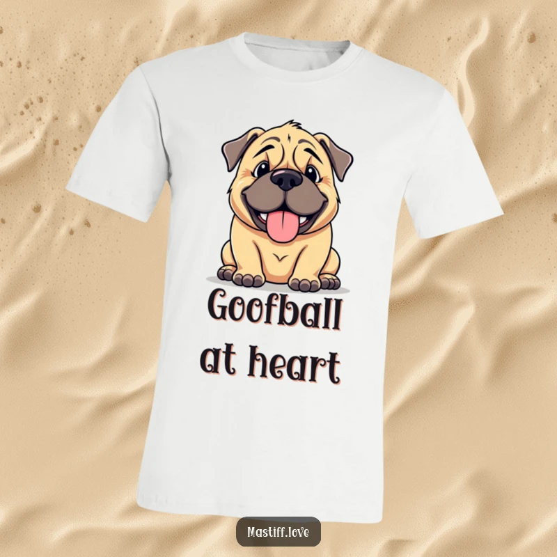 Funny mastiff t-shirt featuring a large, cuddly dog with a wide, goofy smile, panting contentedly, capturing doggy happiness.
