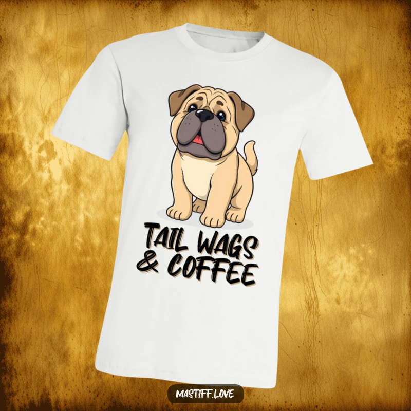 Funny giant mastiff puppy with adorably droopy ears and a furiously wagging tail, featured on a t-shirt.