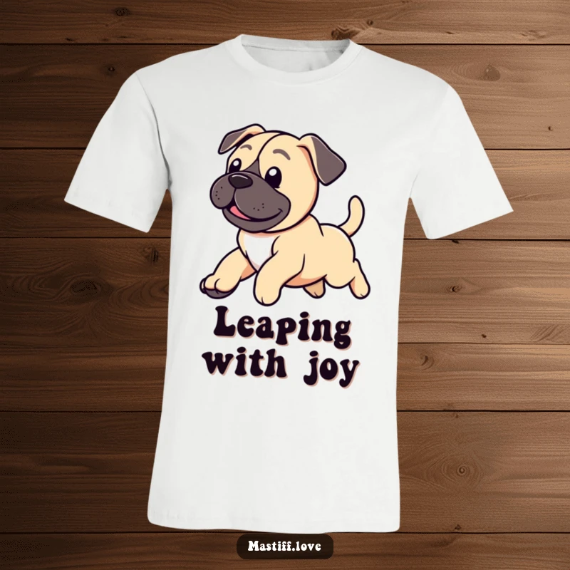Funny t-shirt depicting a very cute mastiff puppy in mid-air, leaping happily with its tail wagging energetically.
