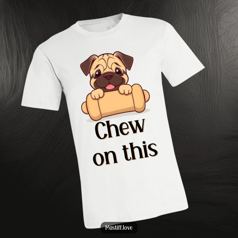 Funny mastiff puppy t-shirt with a joyful puppy peeking from a large chew toy, perfect for pet lovers.
