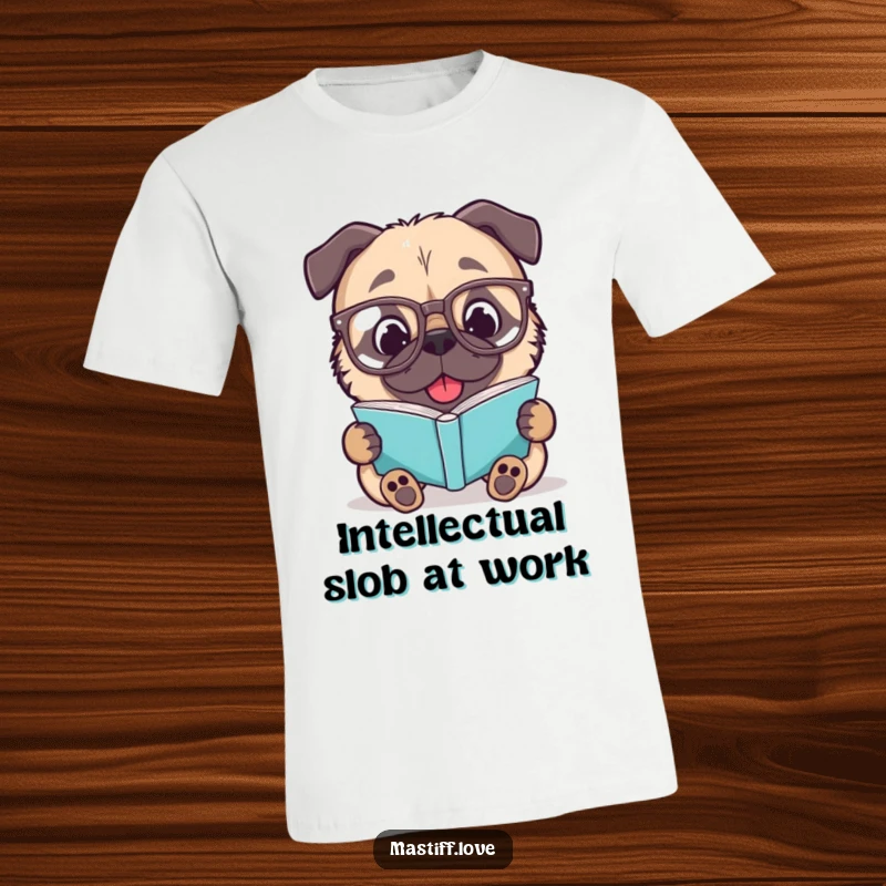 Funny Mastiff T-Shirt: A delighted dog wearing big glasses, intently reading a book, stylish and humorous apparel.