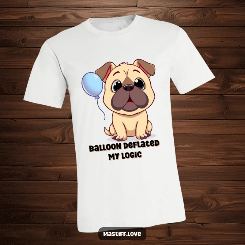 Funny Surprised Mastiff T-Shirt featuring a dog with large, innocent eyes looking up in wonder at a floating balloon.