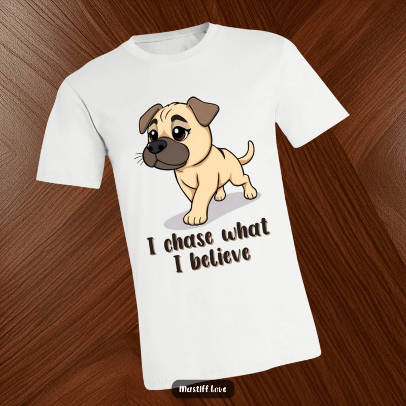 Funny Mastiff T-Shirt: A dog hilariously pursuing its shadow with a friendly, determined expression, perfect for humor lovers.