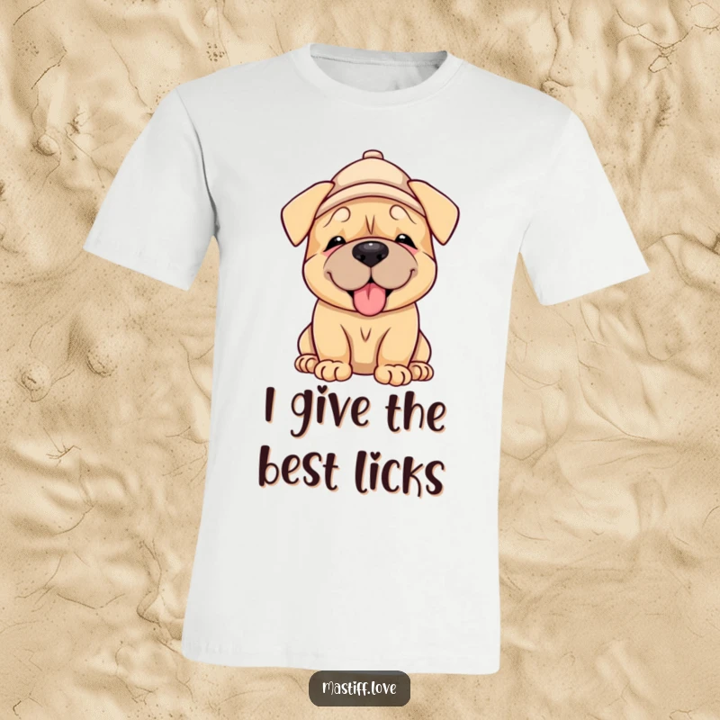 Funny Mastiff Puppy T-Shirt: a happy mastiff pup in a hat, offering a sweet lick, radiating warmth and playful innocence.
