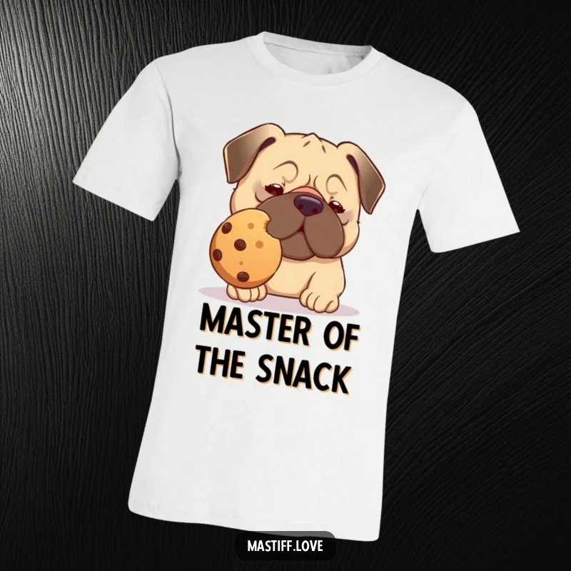 Funny kawaii mastiff t-shirt, a dog attempting to balance a huge cookie on its nose, showing intense concentration.