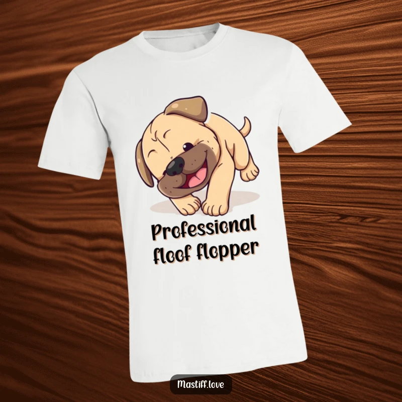Funny Mastiff puppy t-shirt depicting a small dog comically tumbling head over paws with a happy smile, embodying puppy energy.
