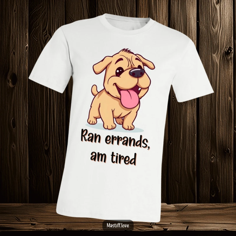 Funny Mastiff t-shirt depicting a happy dog panting with its tongue lolling out after a run, showcasing post-exercise bliss.