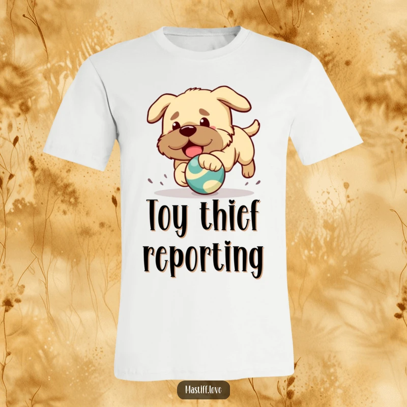 Funny t-shirt with a very cute, Kawaii mastiff puppy energetically chasing a bouncing toy, full of playful mischief.