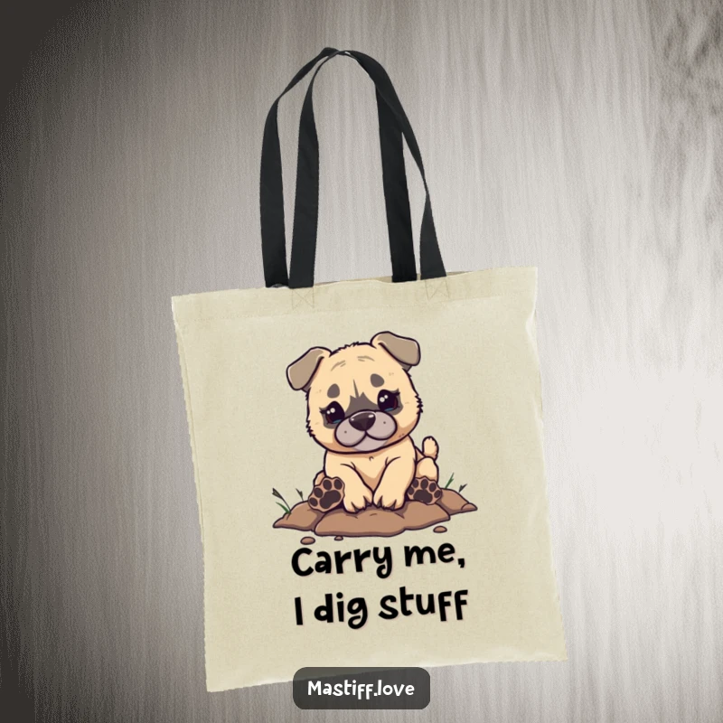 Funny Mastiff Tote Bag adorned with a small mastiff puppy digging enthusiastically, showcasing large, comical paw prints, perfect for dog lovers.