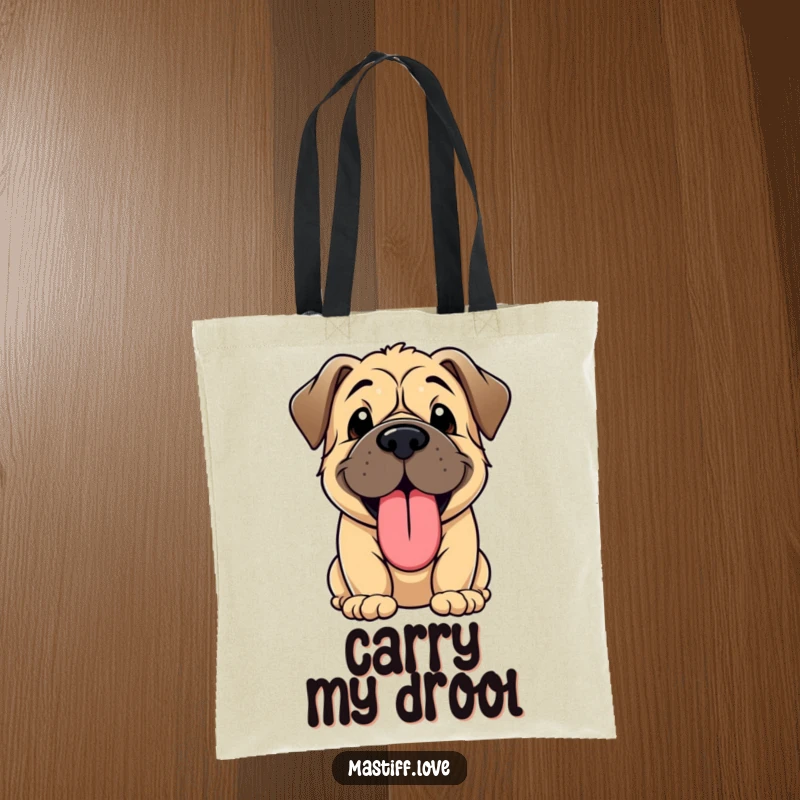 Funny tote bag featuring a kawaii Mastiff puppy panting with a giant, joyful tongue sticking out happily.