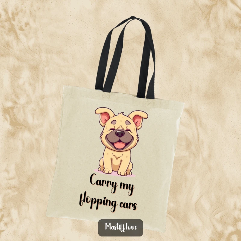 Funny kawaii mastiff tote bag with a mastiff joyfully shaking its head, its floppy ears flying, perfect for carrying items with humor.