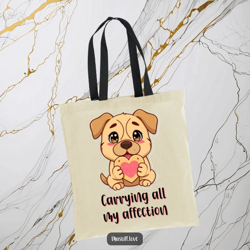 Funny Mastiff Tote Bag: An endearing Mastiff dog with heartfelt eyes presents a perfectly shaped heart cookie, symbolizing warmth.
