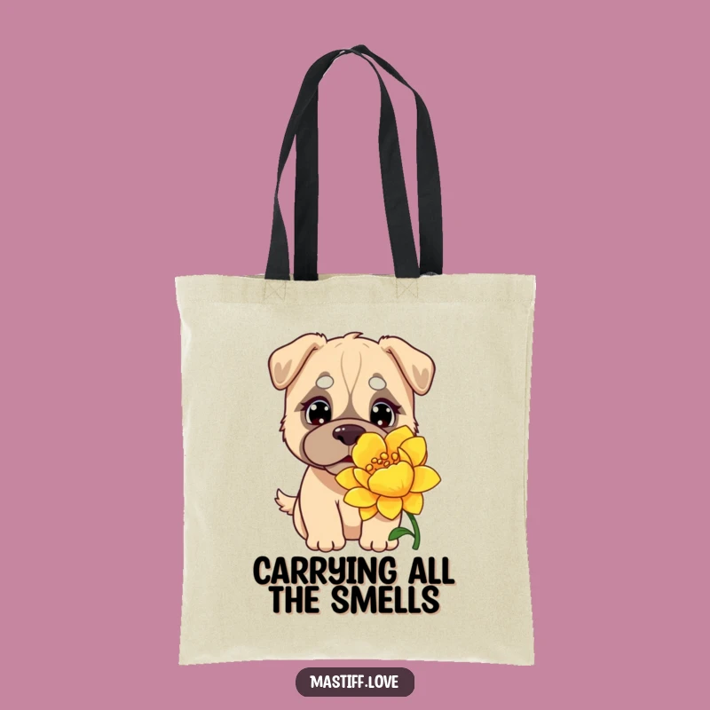 Funny Kawaii Mastiff Tote Bag: Curious Flower Sniffer, Ideal Humorous Gift