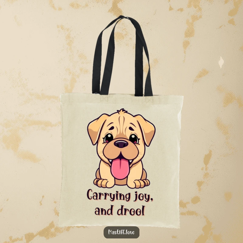 Funny kawaii mastiff tote bag, cute puppy panting with a huge, happy tongue, perfect for dog moms and dads.