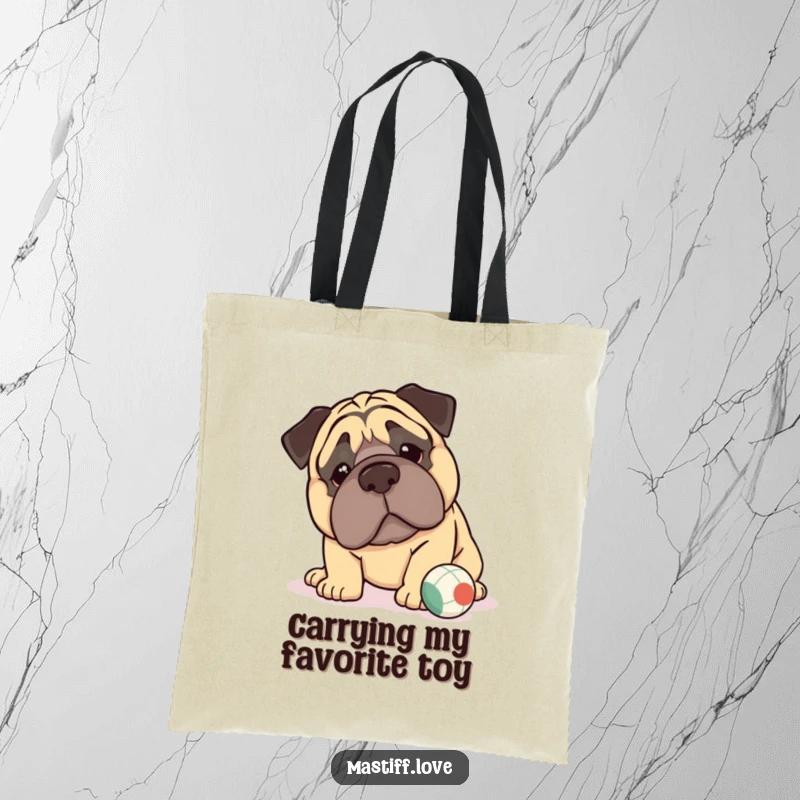 Funny kawaii mastiff tote bag with oversized jowls gently pushing a small ball, perfect for carrying items with a dose of cuteness.